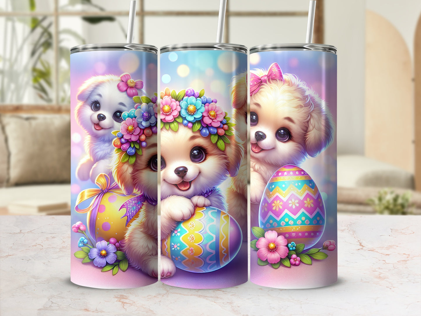 Three cute puppies wearing flower crowns, holding Easter eggs.