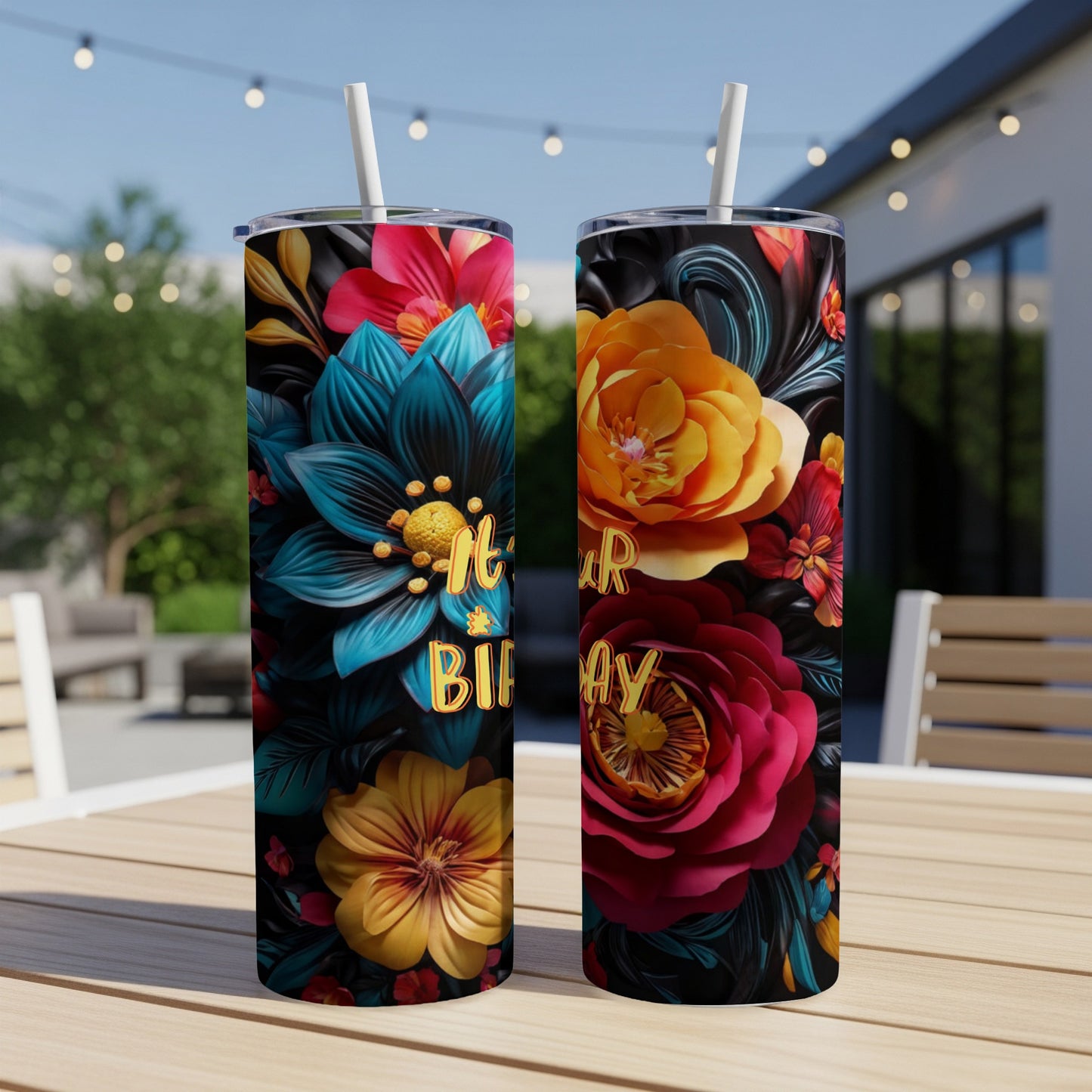 Two tumblers with floral designs and "Happy Birthday" text.