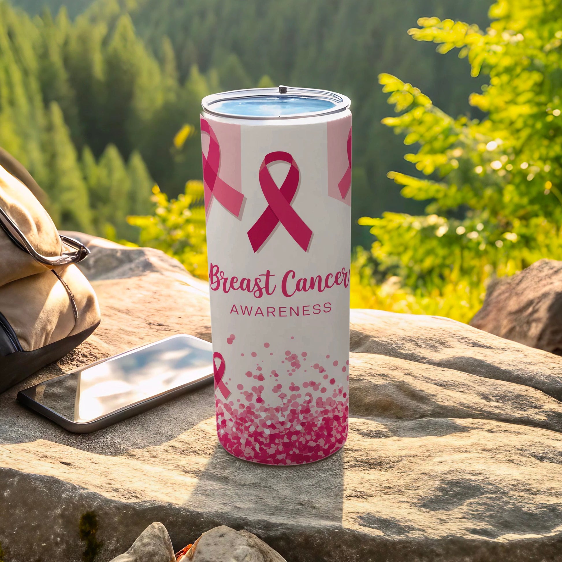 Pink ribbon tumbler with "Breast Cancer Awareness" text and confetti design.