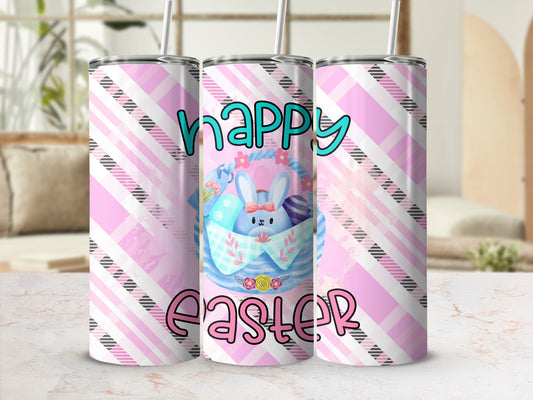 Happy Easter tumbler with bunny and eggs on pink plaid background.