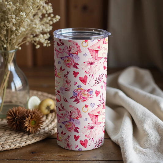 Romantic Floral Hearts and Rings Patterned Tumbler