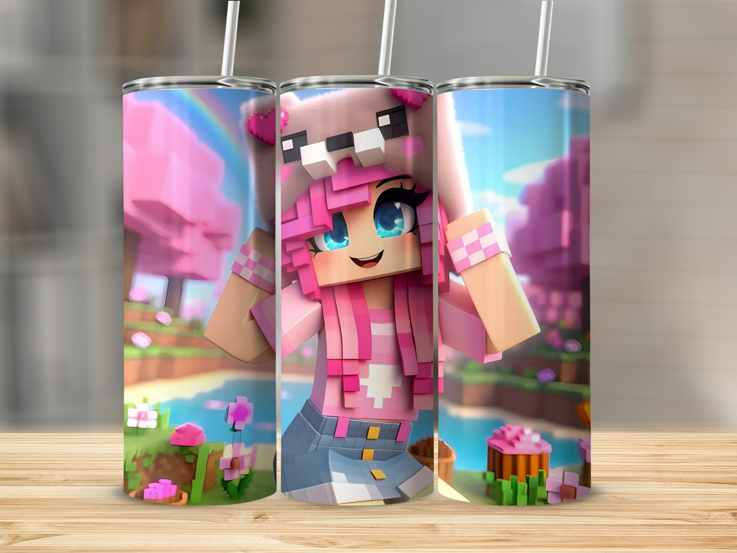 Cute Pink Anime Girl with Blue Eyes Tumbler Cup Design