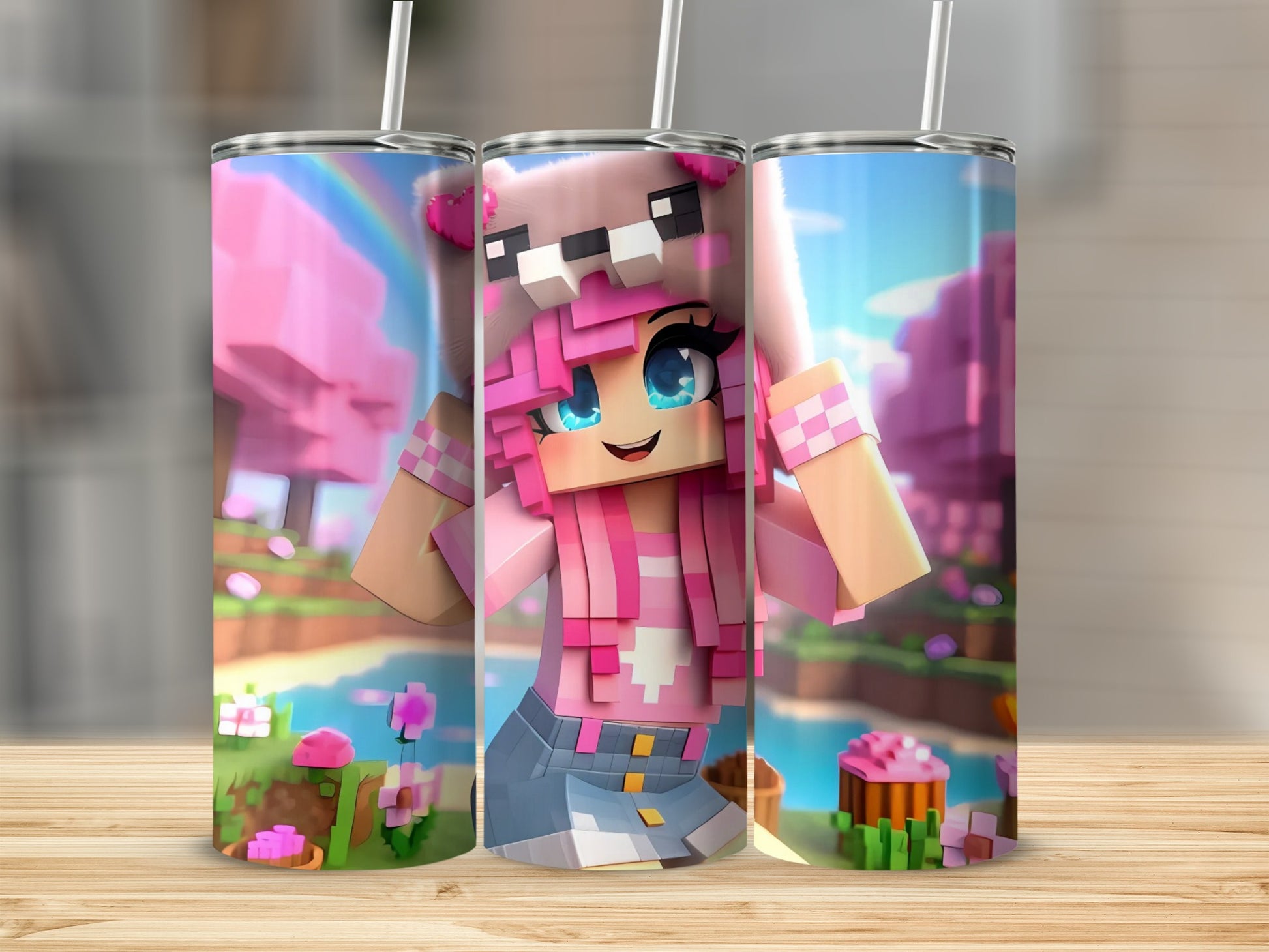 Cute Pink Anime Girl with Blue Eyes Tumbler Cup Design