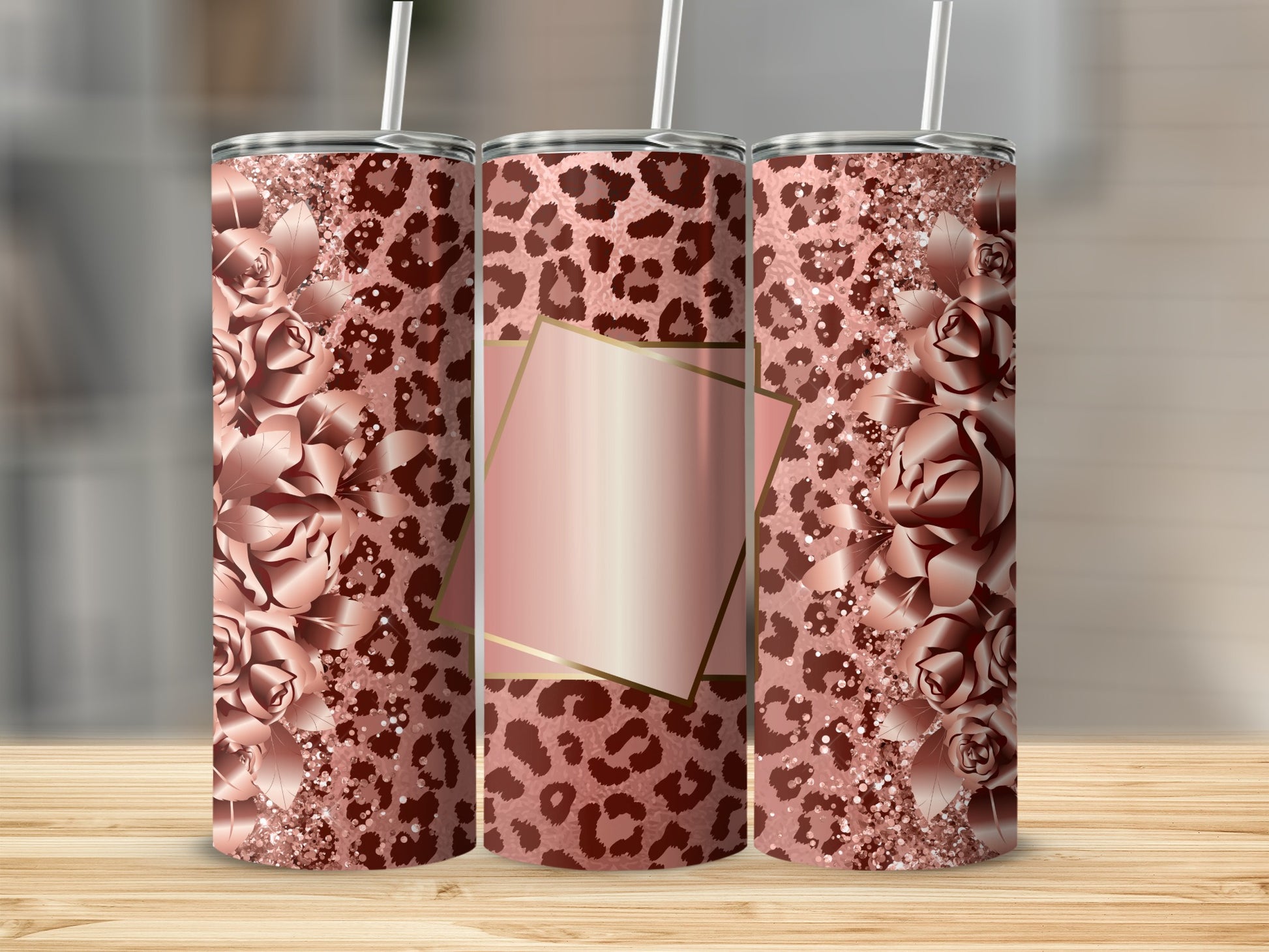 Rose gold floral and leopard print tumbler with a geometric rose gold center.