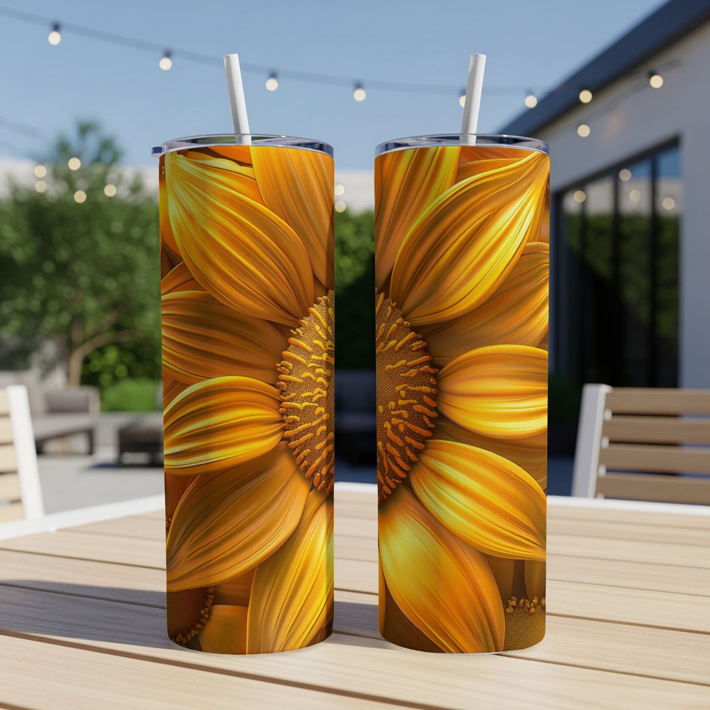 Two tall tumblers featuring a close-up of a golden sunflower on a wooden table.