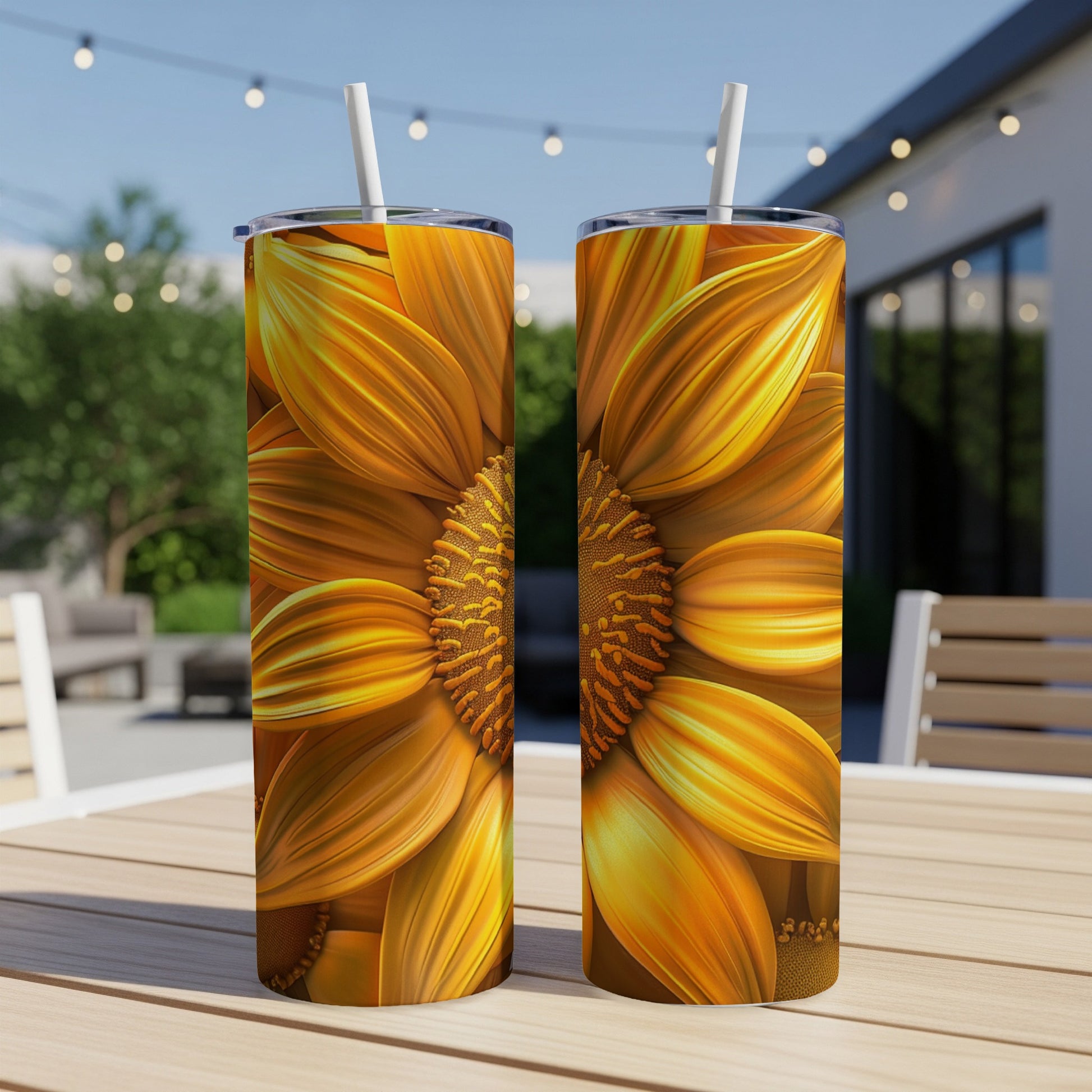 Two tall tumblers featuring a close-up of a golden sunflower on a wooden table.