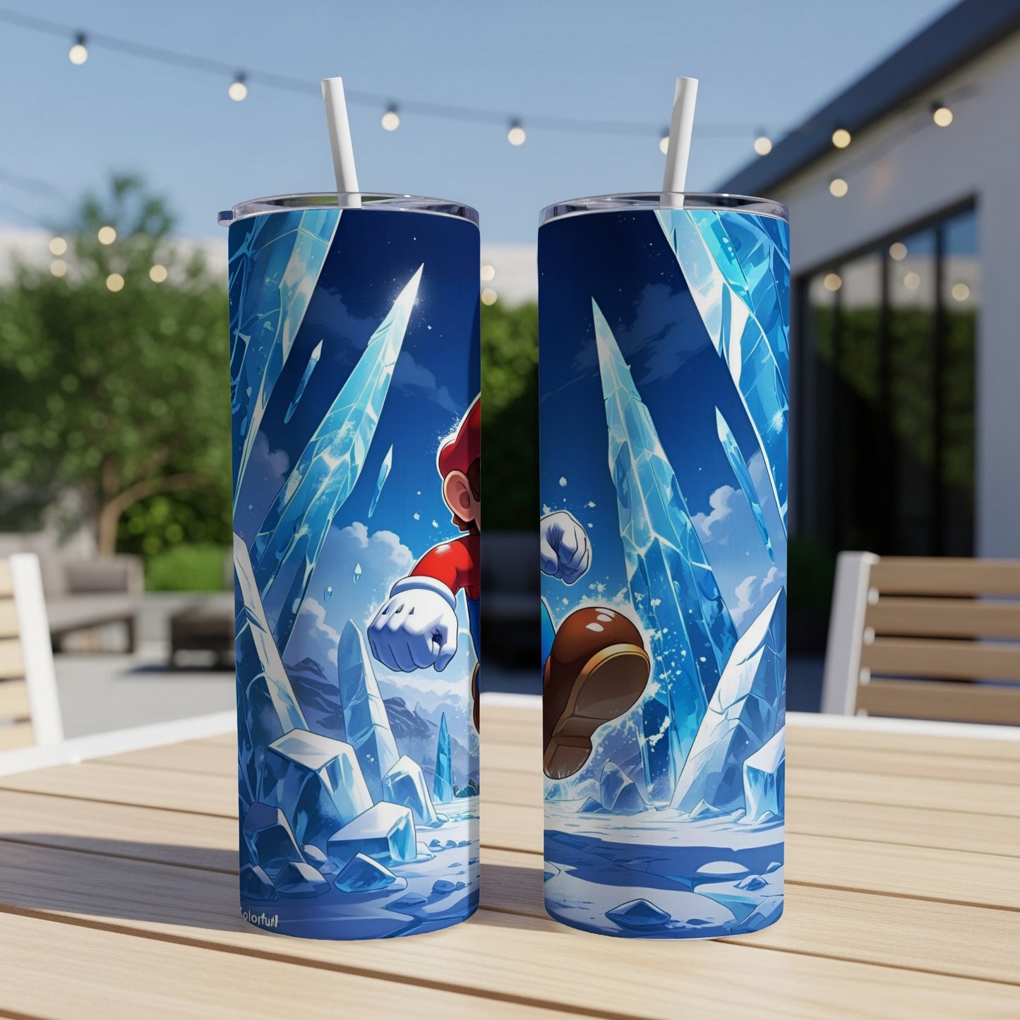 Mario running through an icy landscape, depicted on two tumblers.