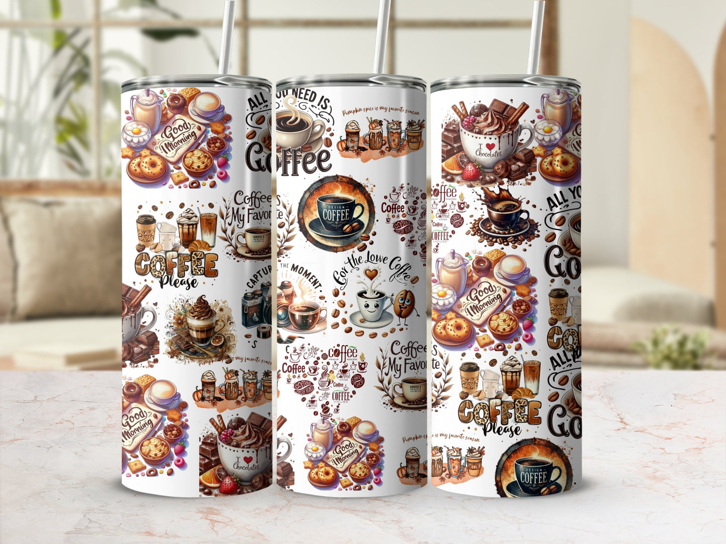 Coffee Themed Tall Tumbler with Straw Flask
