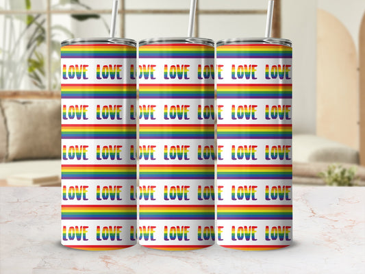 Rainbow striped tumbler with repeating "LOVE" pattern.