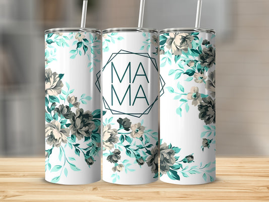 White tumbler with floral design and "MAMA" in geometric frame.