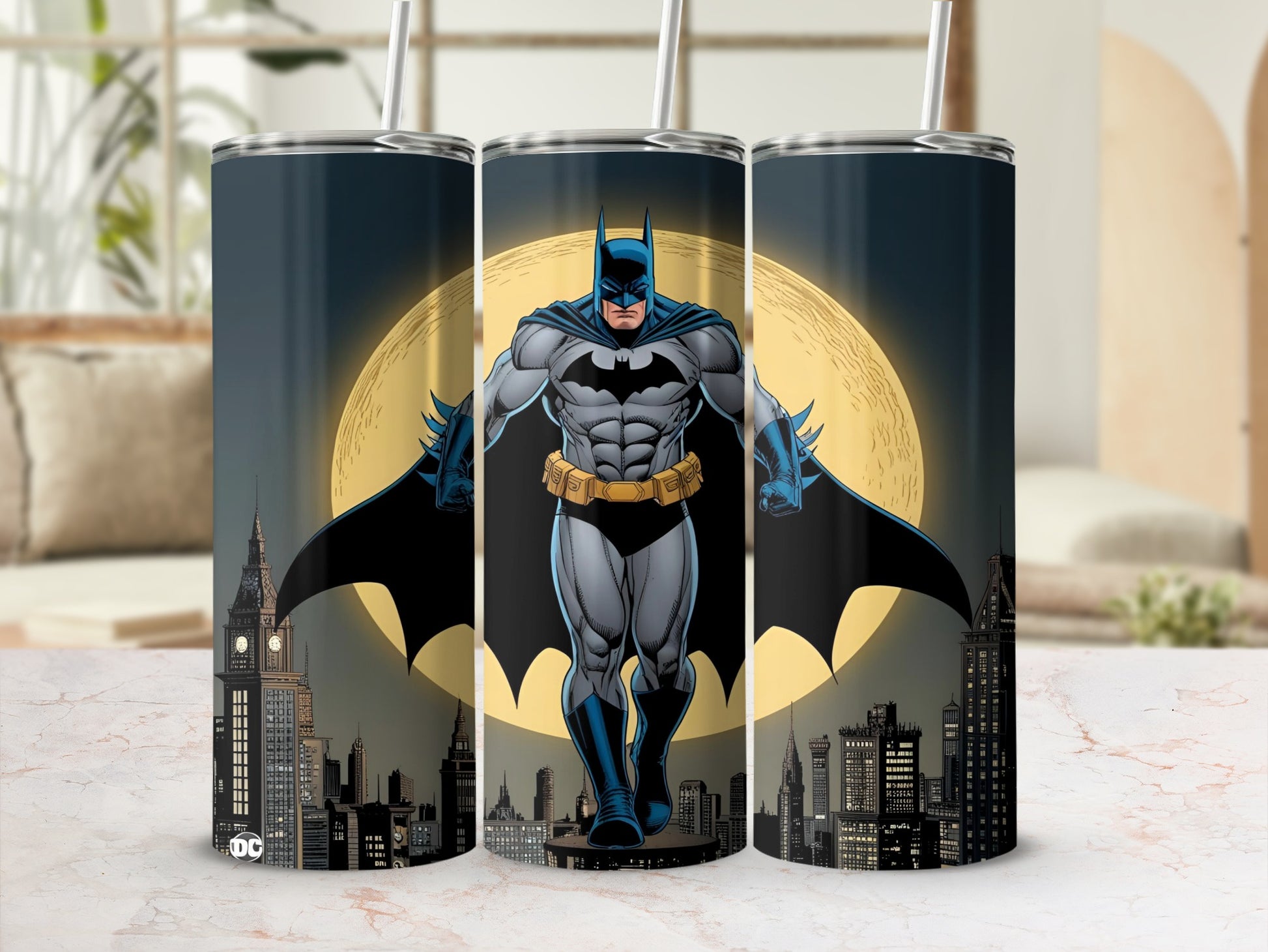 Batman stands on a city skyline with a full moon behind him.