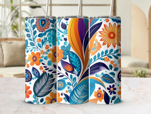 Three tall tumblers with a colorful floral and leaf pattern.