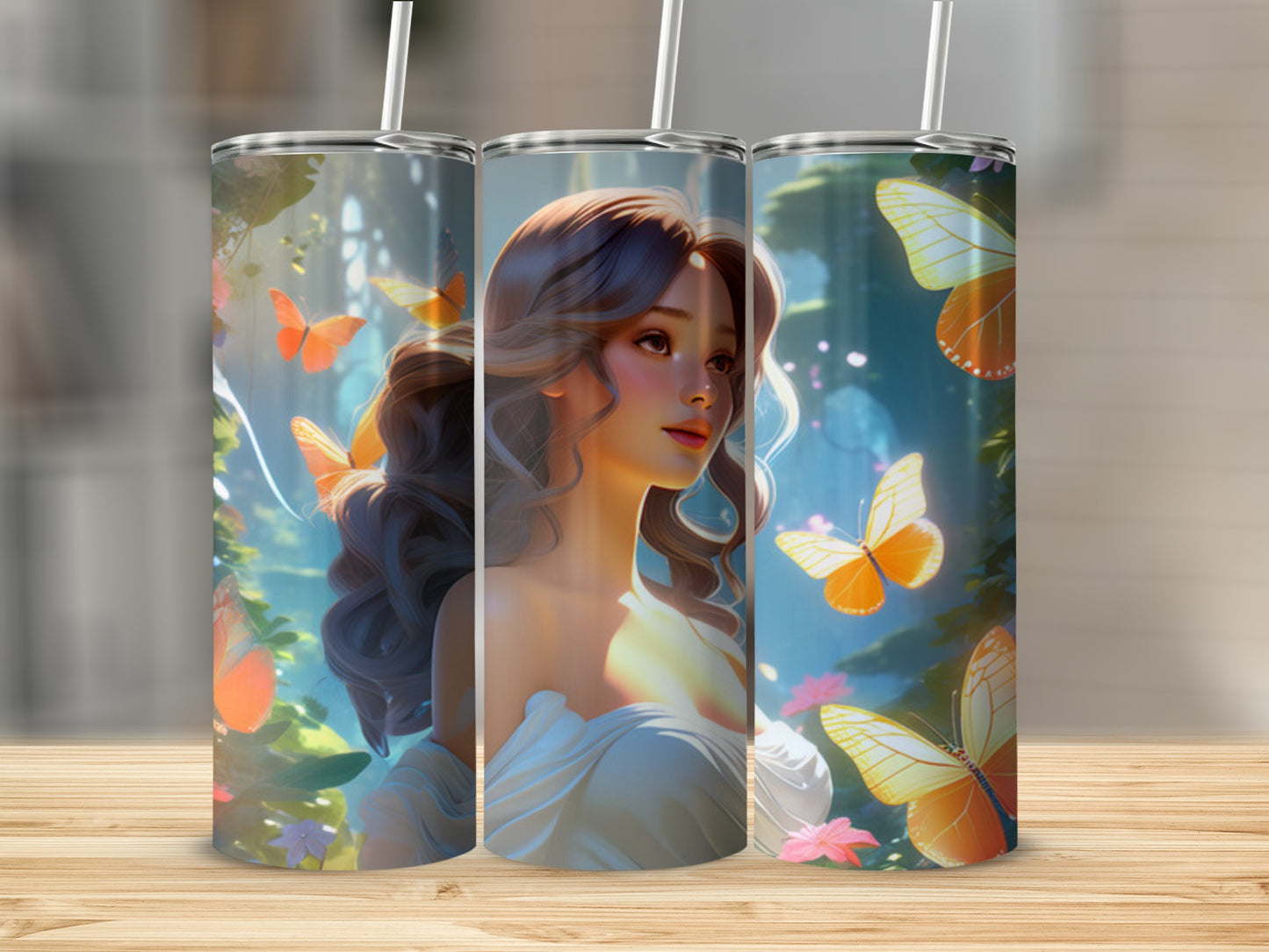 Woman with flowing hair surrounded by glowing butterflies and soft light.