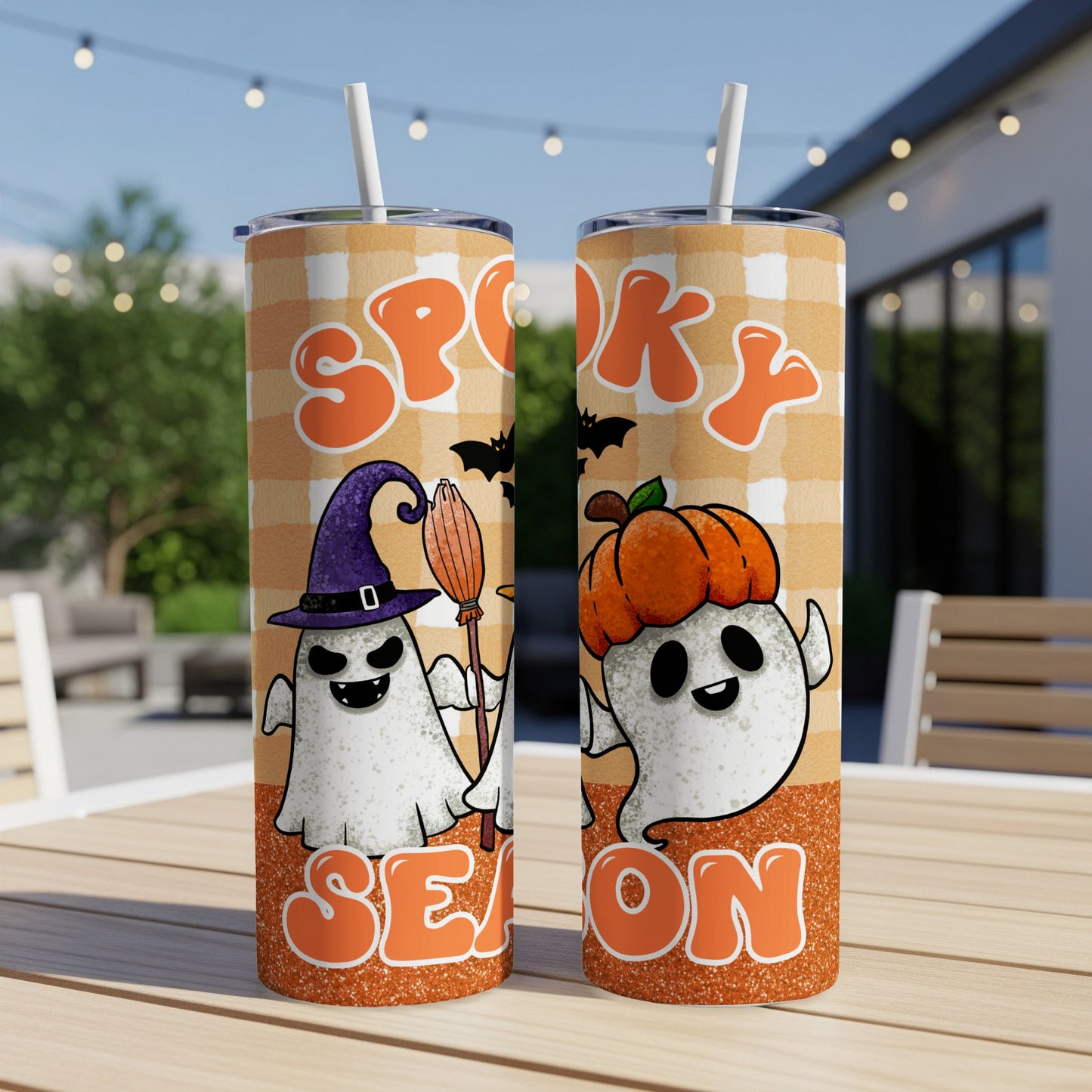 Two Halloween-themed tumblers with "Spooky Season" text and ghost designs.