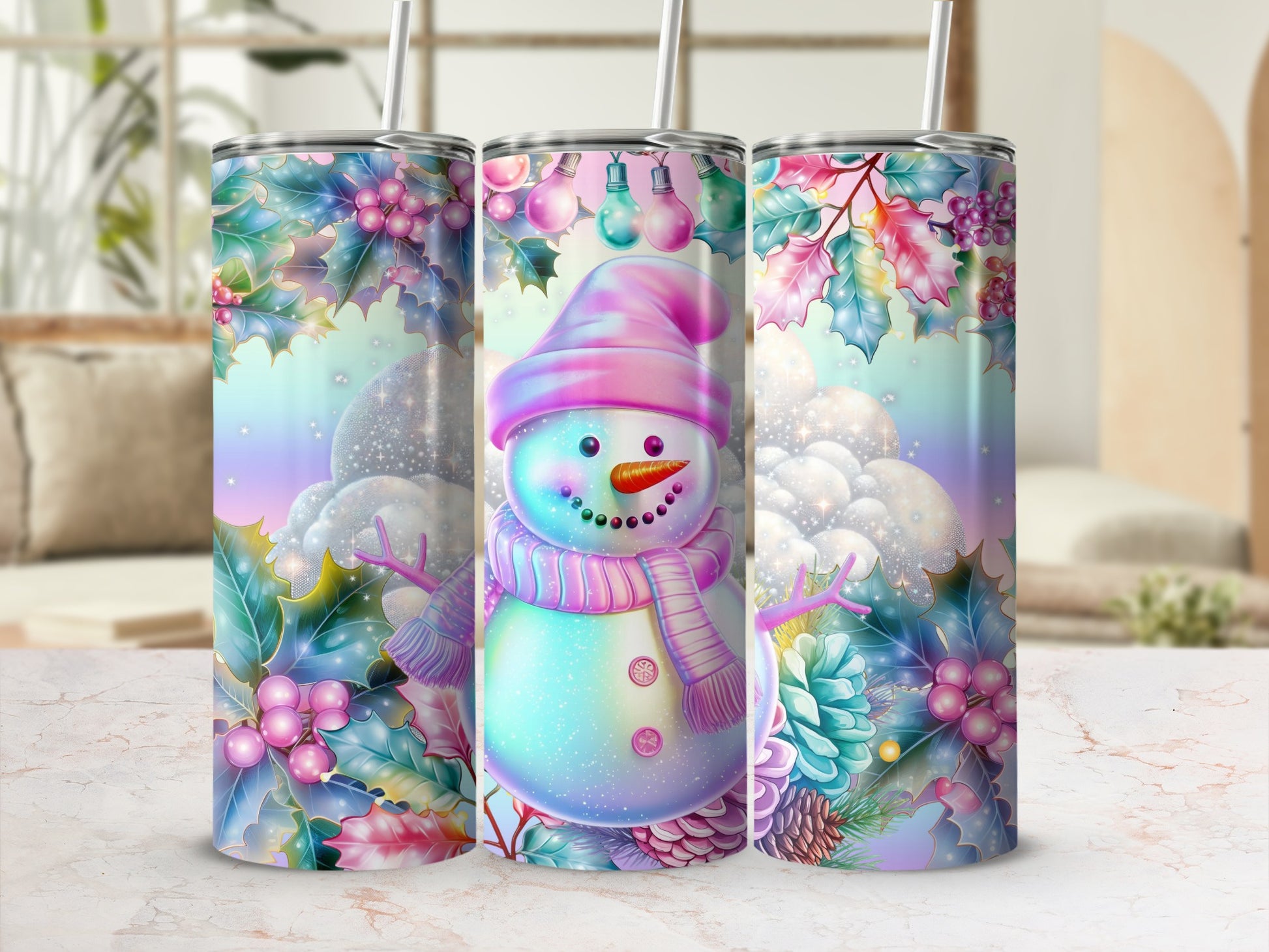 Festive Snowman and Holly Design Insulated Drinkware