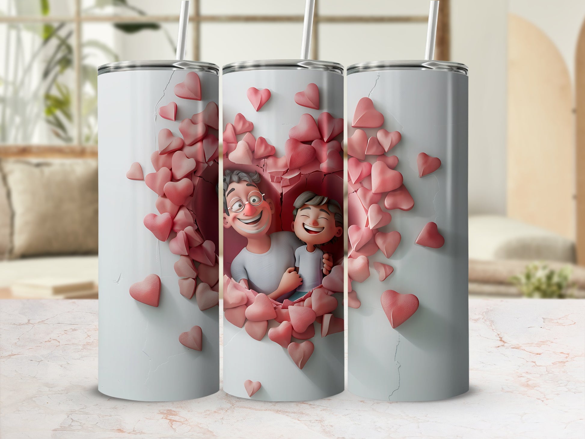 Three white tumblers featuring a heart-shaped design with cartoon parents and children.