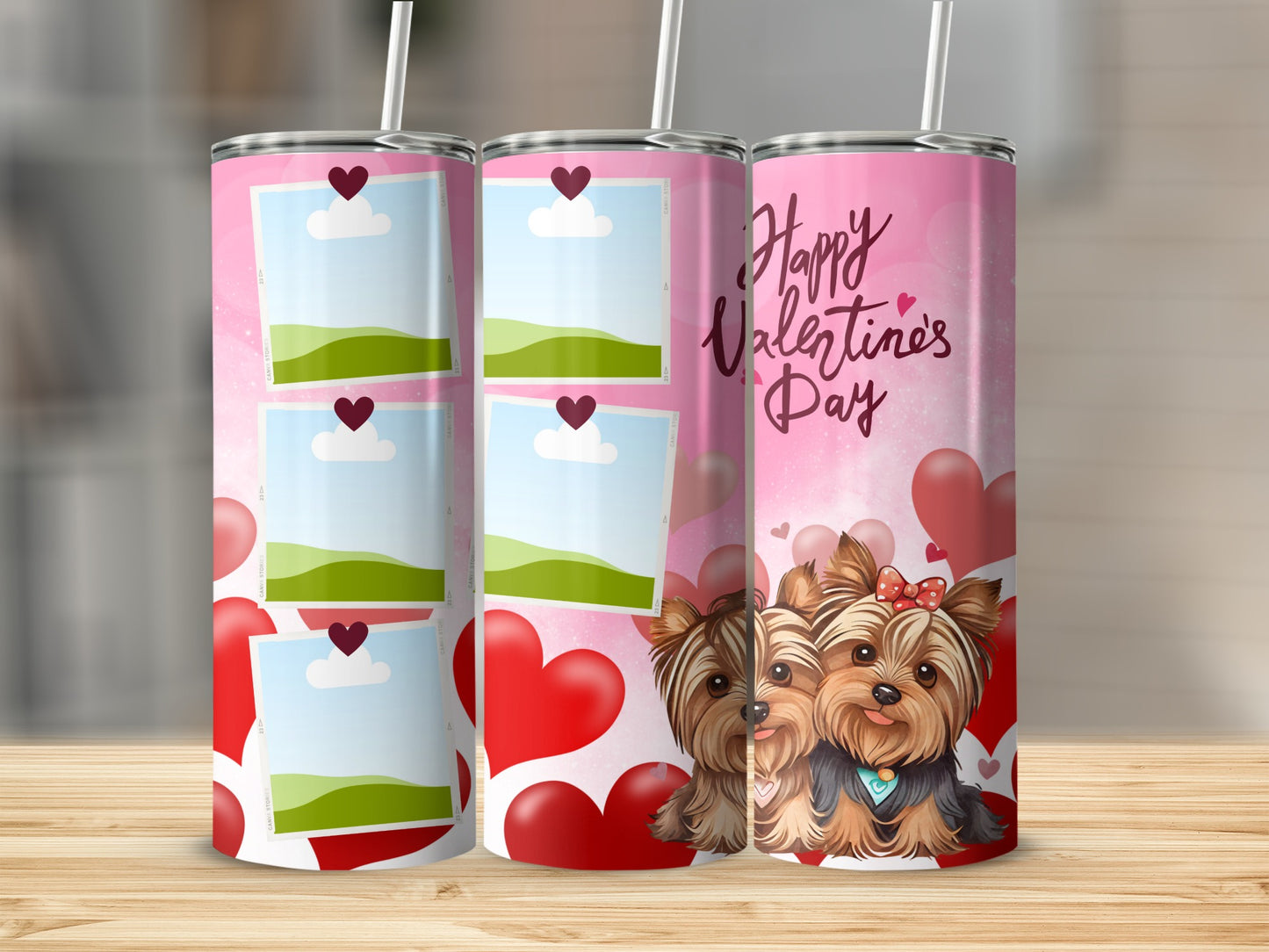 Valentine's Day tumbler with two Yorkies and customizable photo frames.