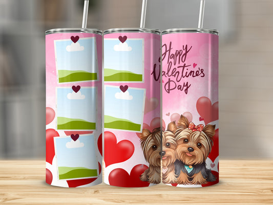 Valentine's Day tumbler with two Yorkies and customizable photo frames.