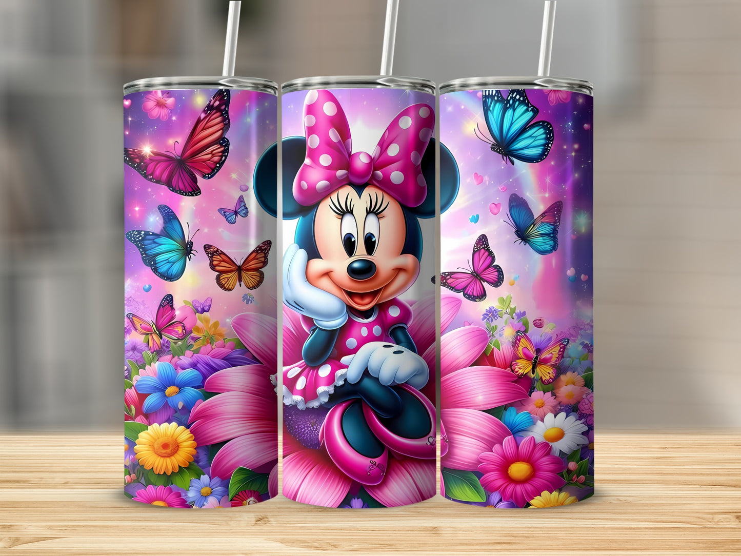 Colorful Minnie Mouse and Butterflies Tumbler Design