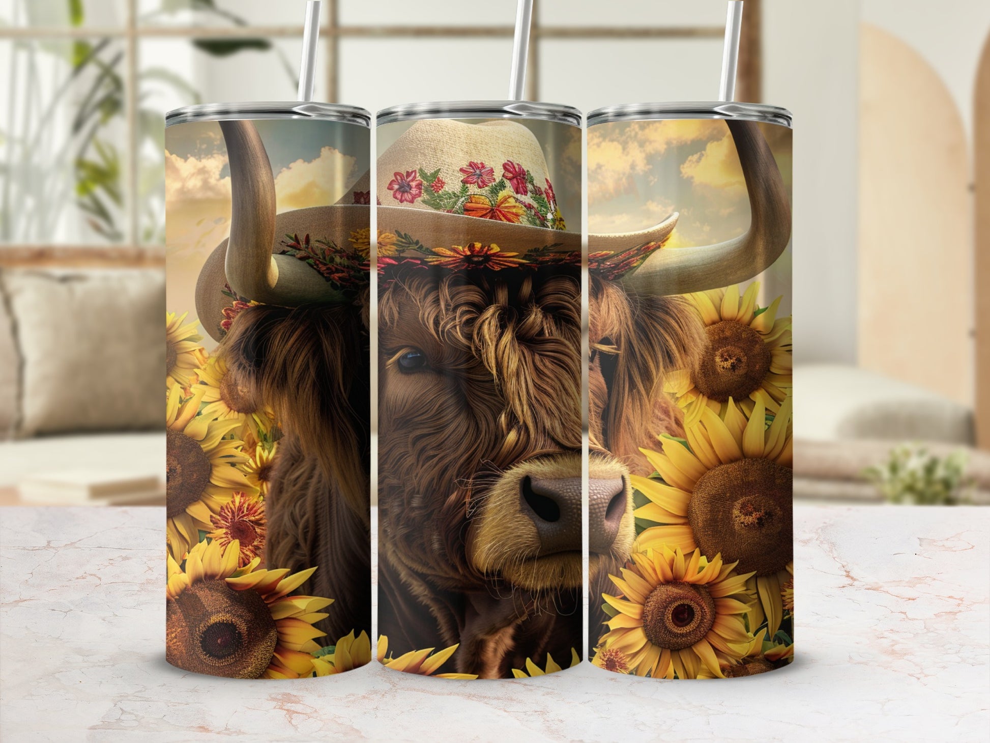 Highland cow with sunflowers wearing a floral cowboy hat.