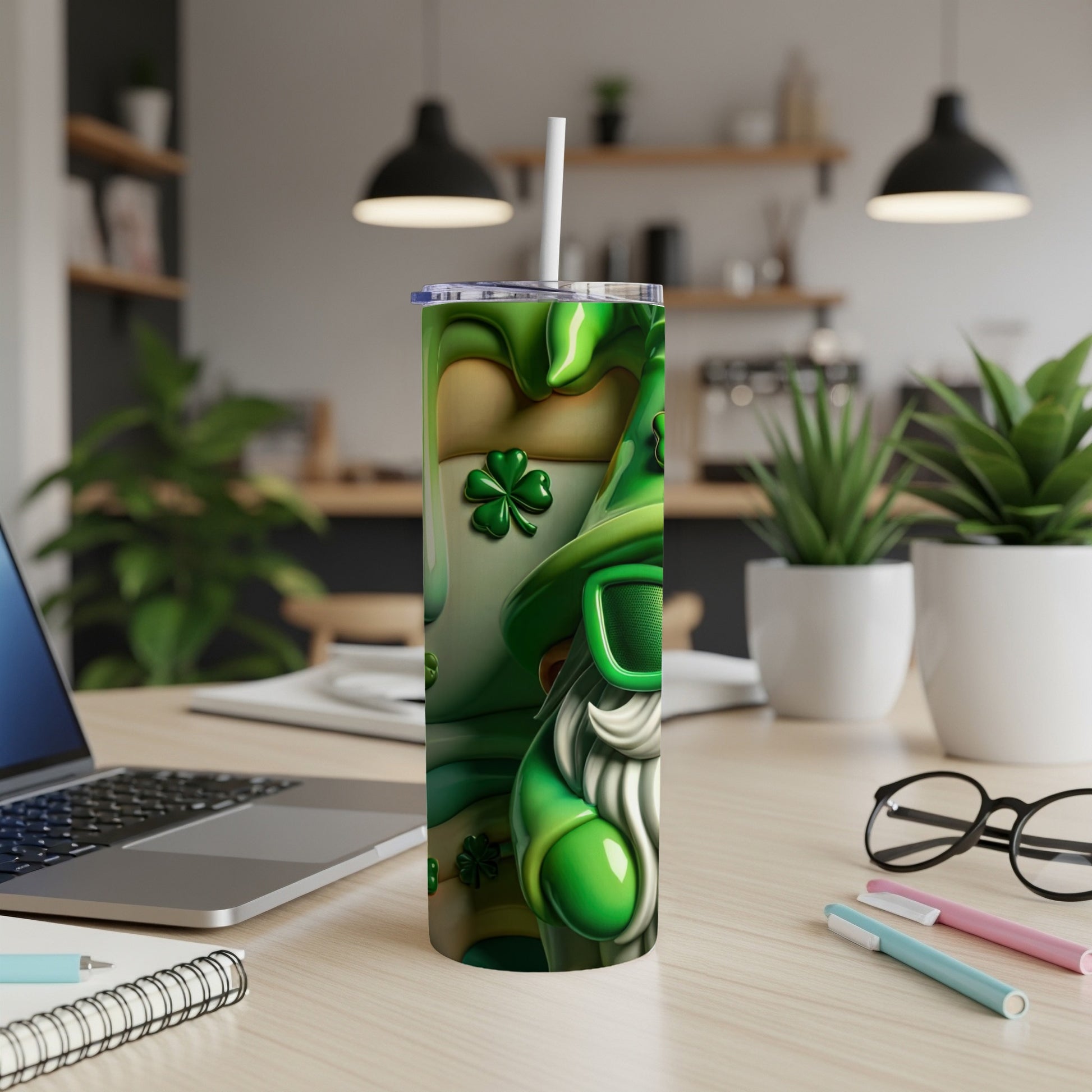 Green tumbler with shamrocks and a leprechaun design.