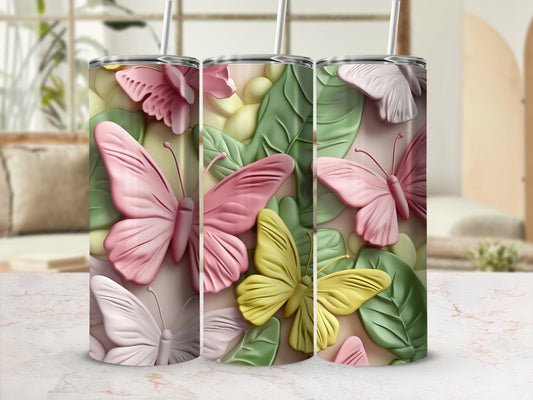 Three tumblers with a pastel butterfly and leaf design.