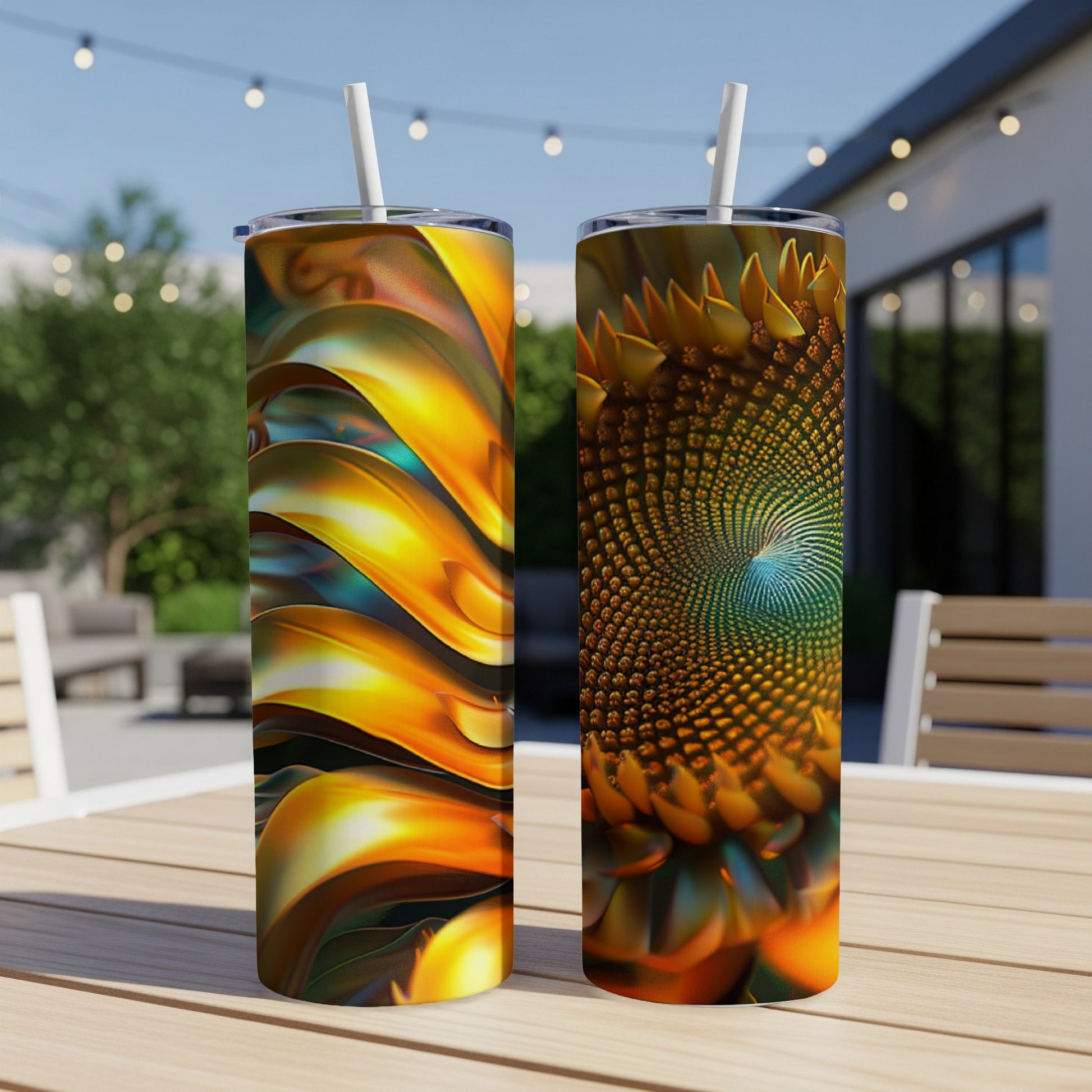 Two tumblers with abstract floral patterns, one gold, one sunflower-themed.