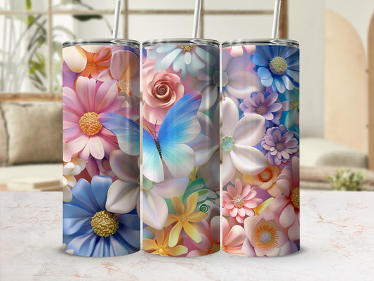 Three tumblers with floral and butterfly designs in pastel colors.