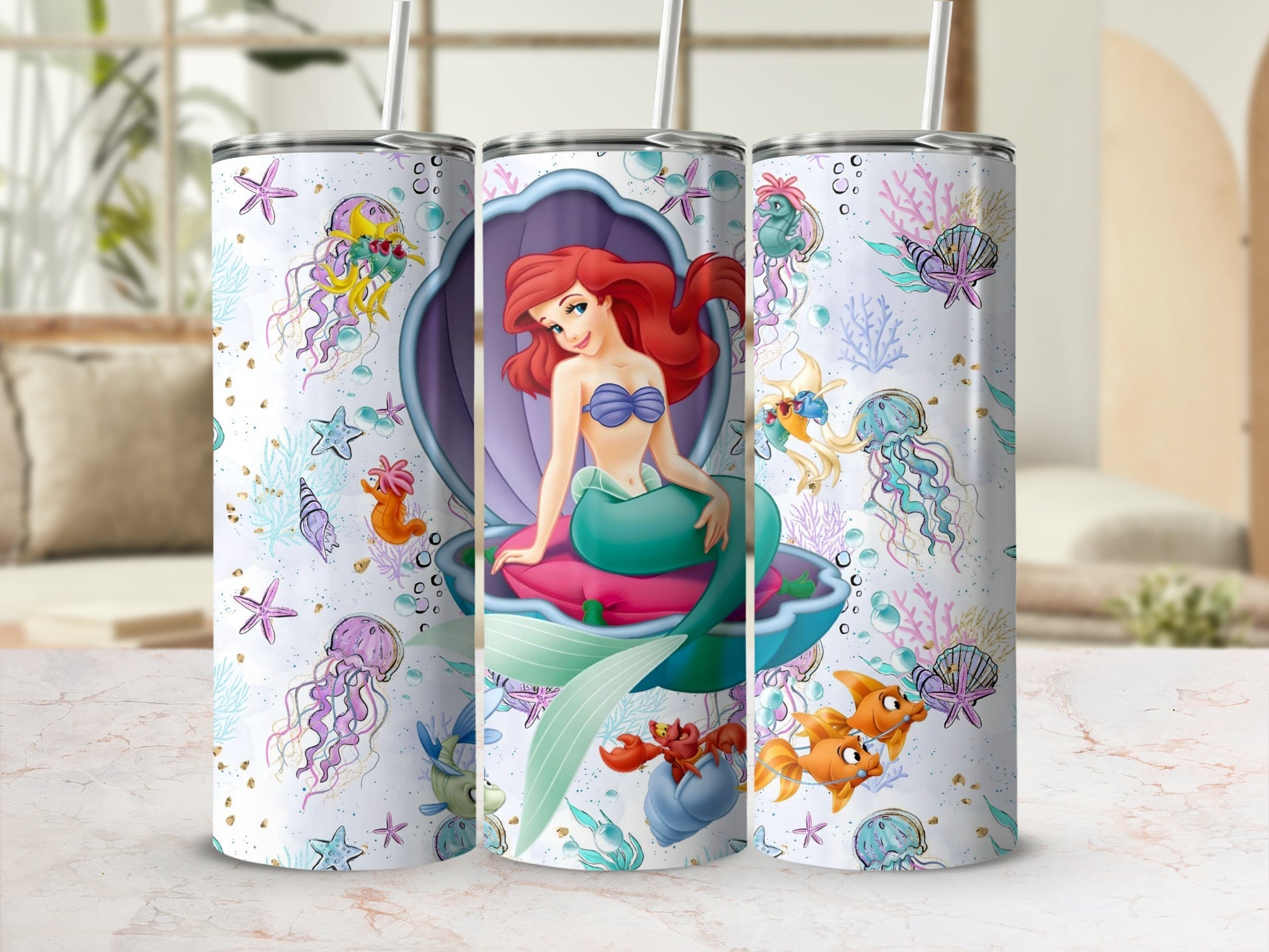 Colorful Mermaid Design Tumbler With Ocean Creatures