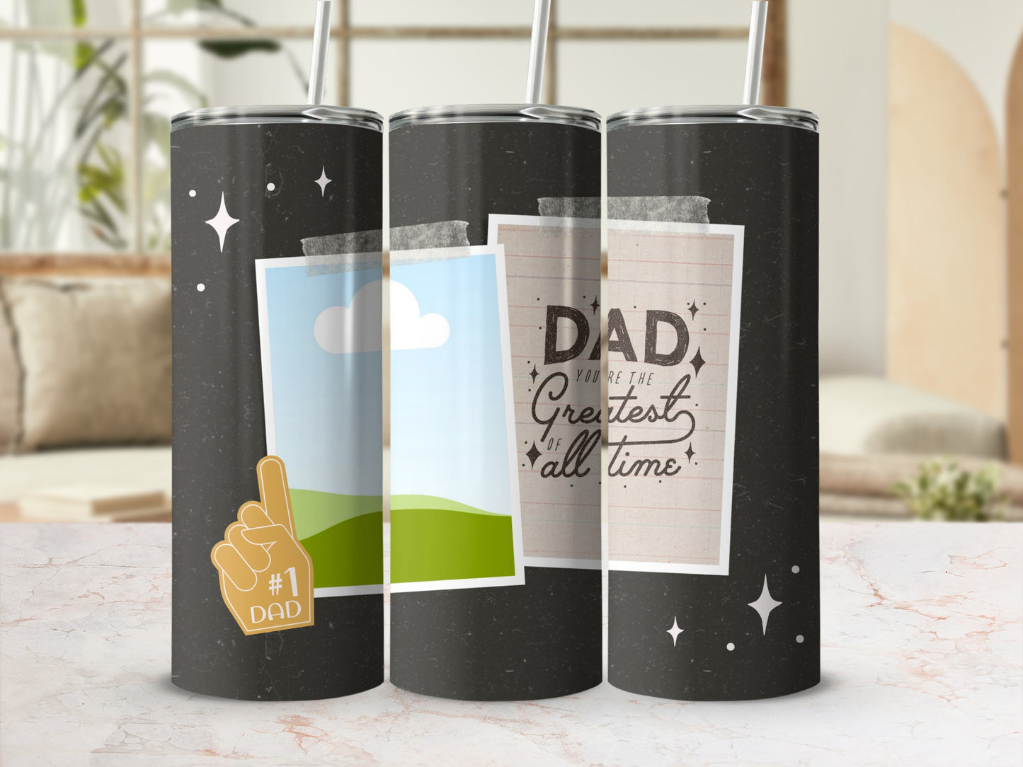 Three tumblers with a dark background featuring "Dad you're the greatest" and a #1 Dad glove.