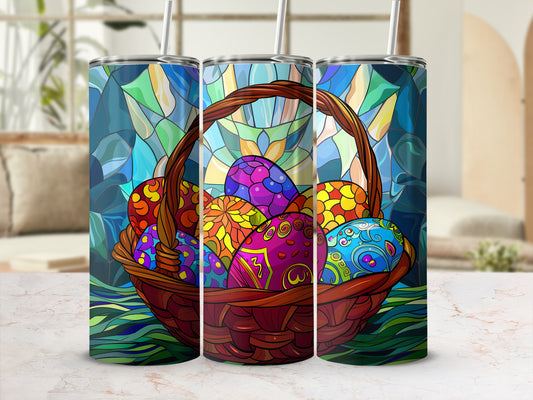 Colorful stained-glass patterned Easter eggs in a wicker basket.