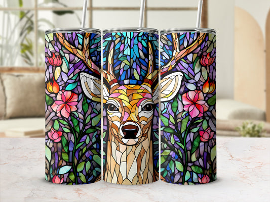 Stained glass tumbler with deer and floral design.