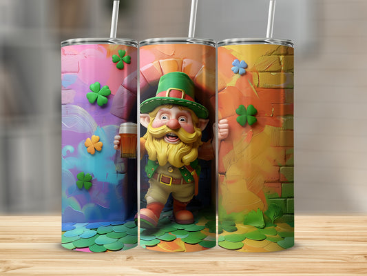 Three tumblers featuring a leprechaun, shamrocks, and colorful brick backgrounds.
