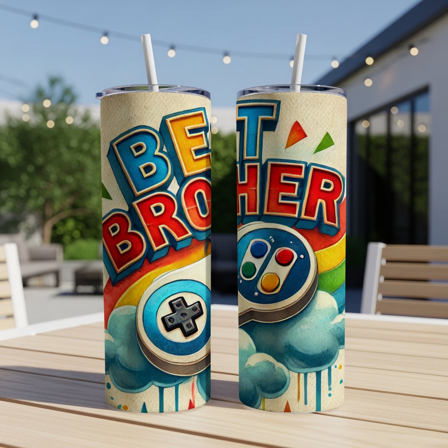 Two tall tumblers with "BEST BROTHER" in colorful lettering and video game motifs.
