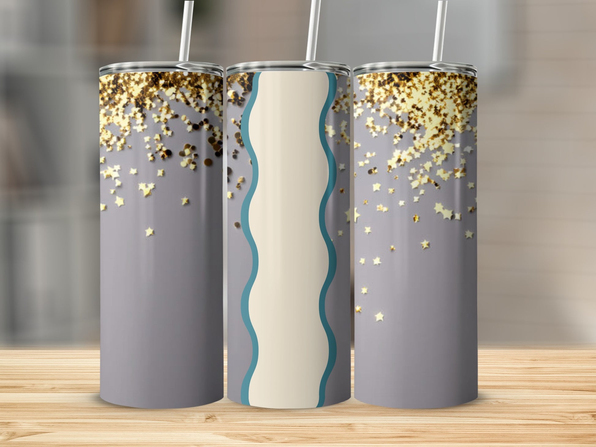 Three tall tumblers with gray background, gold stars, and wavy teal and cream designs.