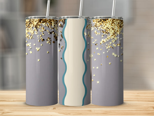 Three tall tumblers with gray background, gold stars, and wavy teal and cream designs.