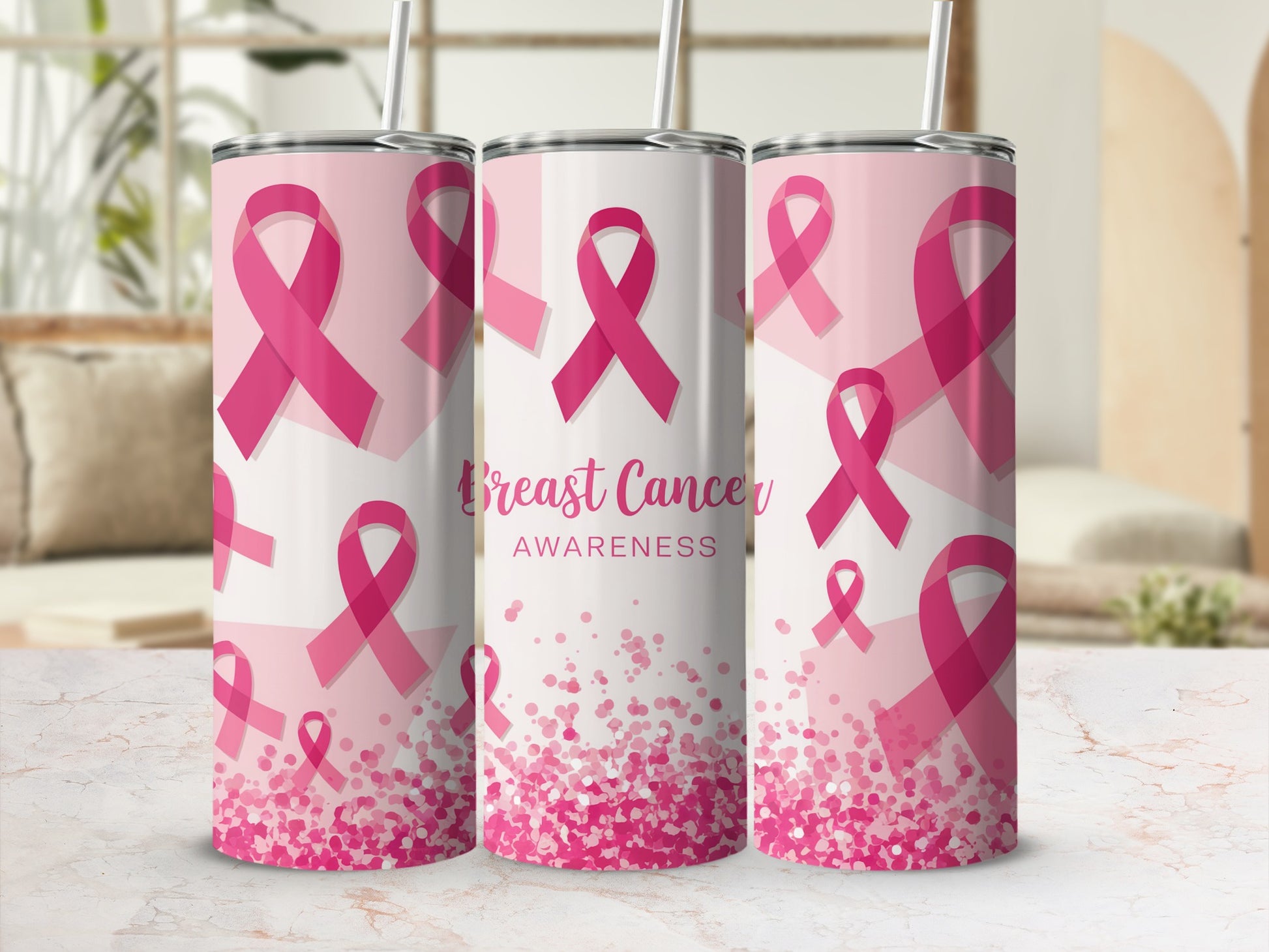 Pink breast cancer awareness ribbon tumbler with confetti.