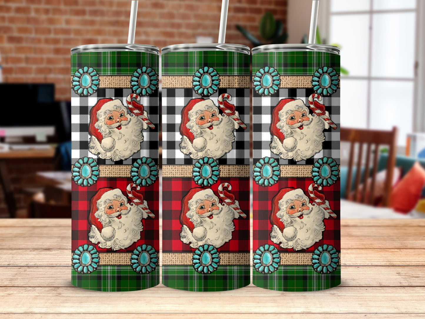 Three Santa Claus tumblers with plaid and turquoise patterns.