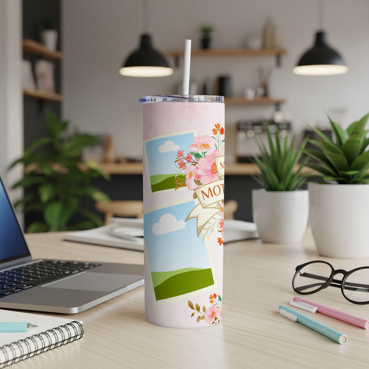 Tumbler with pink watercolor background, floral accents, and "Mother" text on a banner.