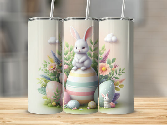 Easter bunny on pastel striped egg, surrounded by flowers and eggs.