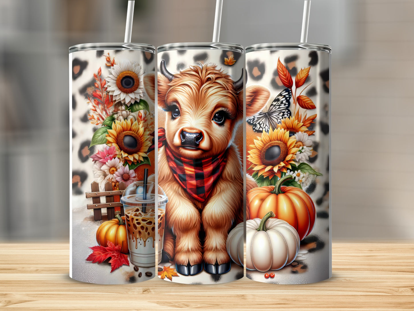 Cow with sunflowers, pumpkin, and coffee on a wood table.