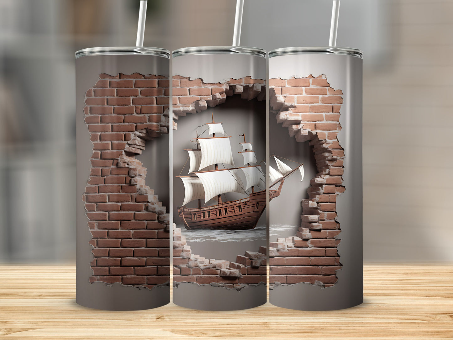 Vintage Ship and Brick Wall Design Tumbler Flask