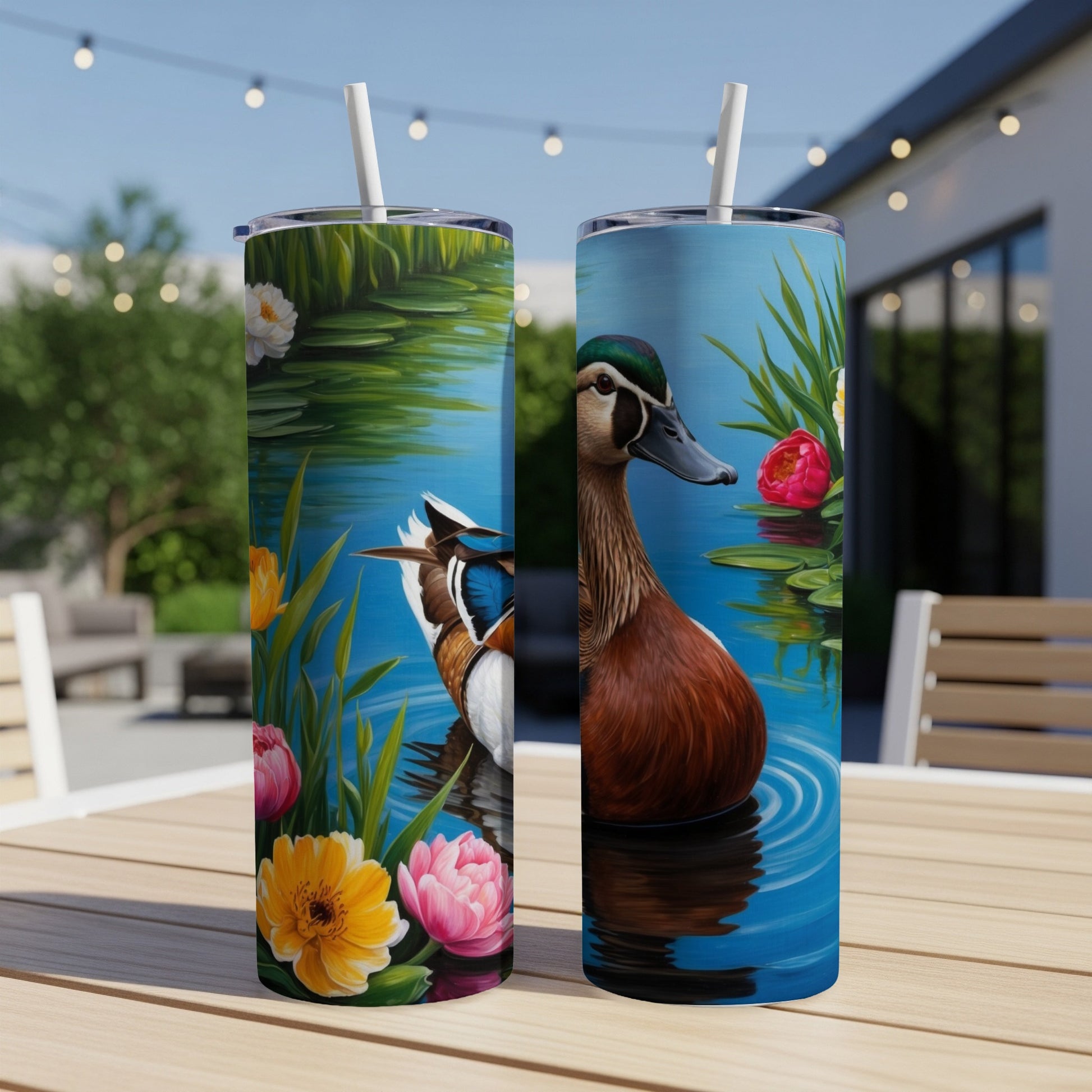Mallard duck and water lilies painting on double-sided tumbler.
