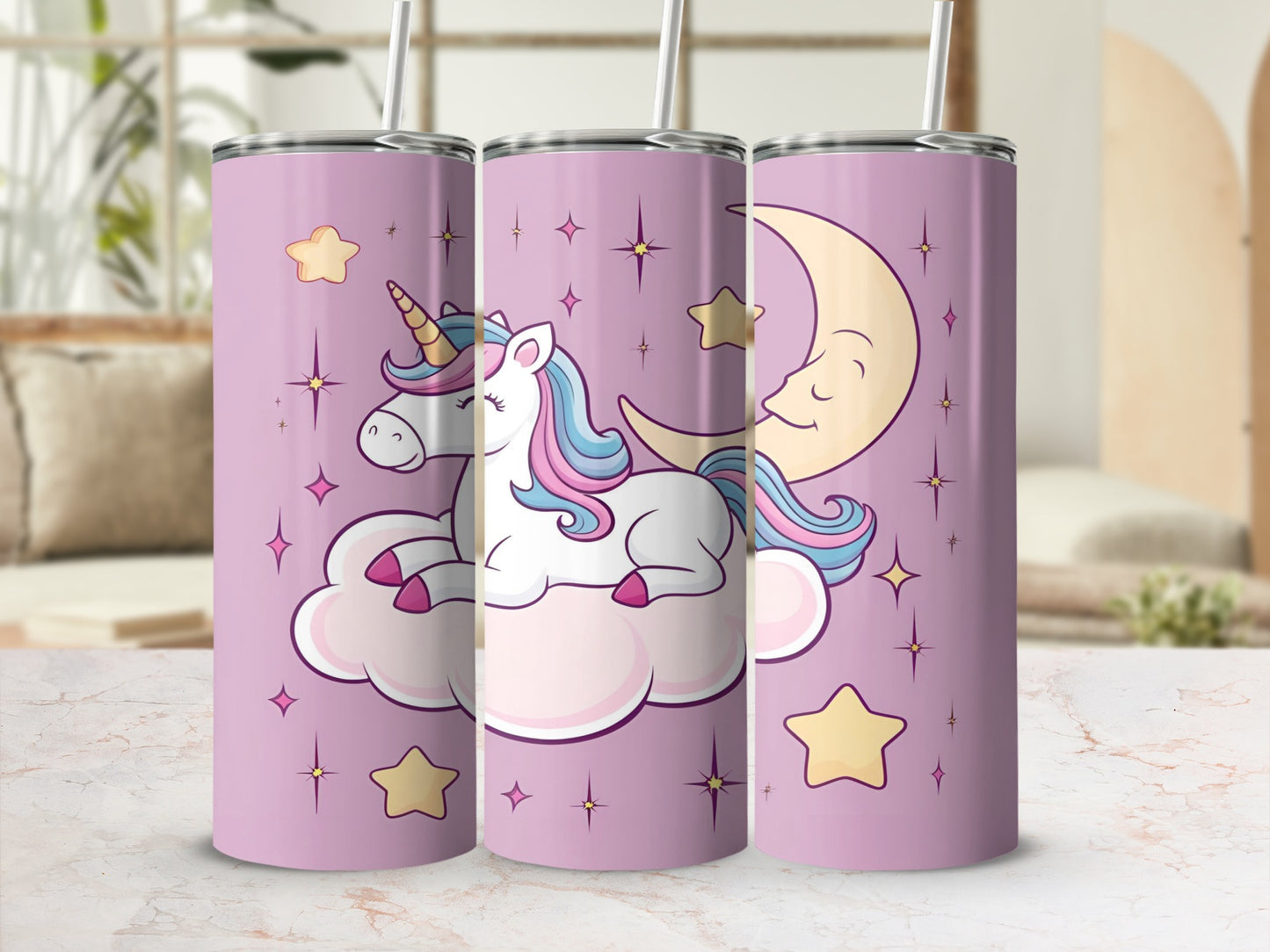 Unicorn on cloud with moon and stars, pastel design.