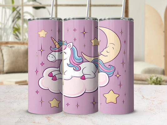Unicorn on cloud with moon and stars, pastel design.
