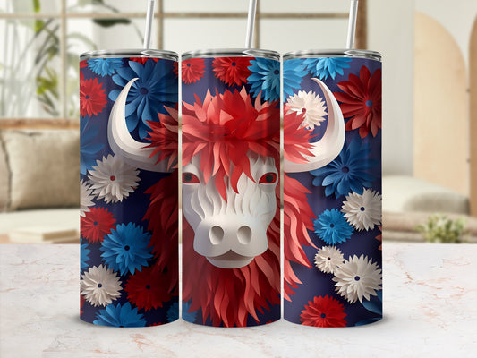 Three tumblers with a bull's head design and red, white, and blue floral accents.