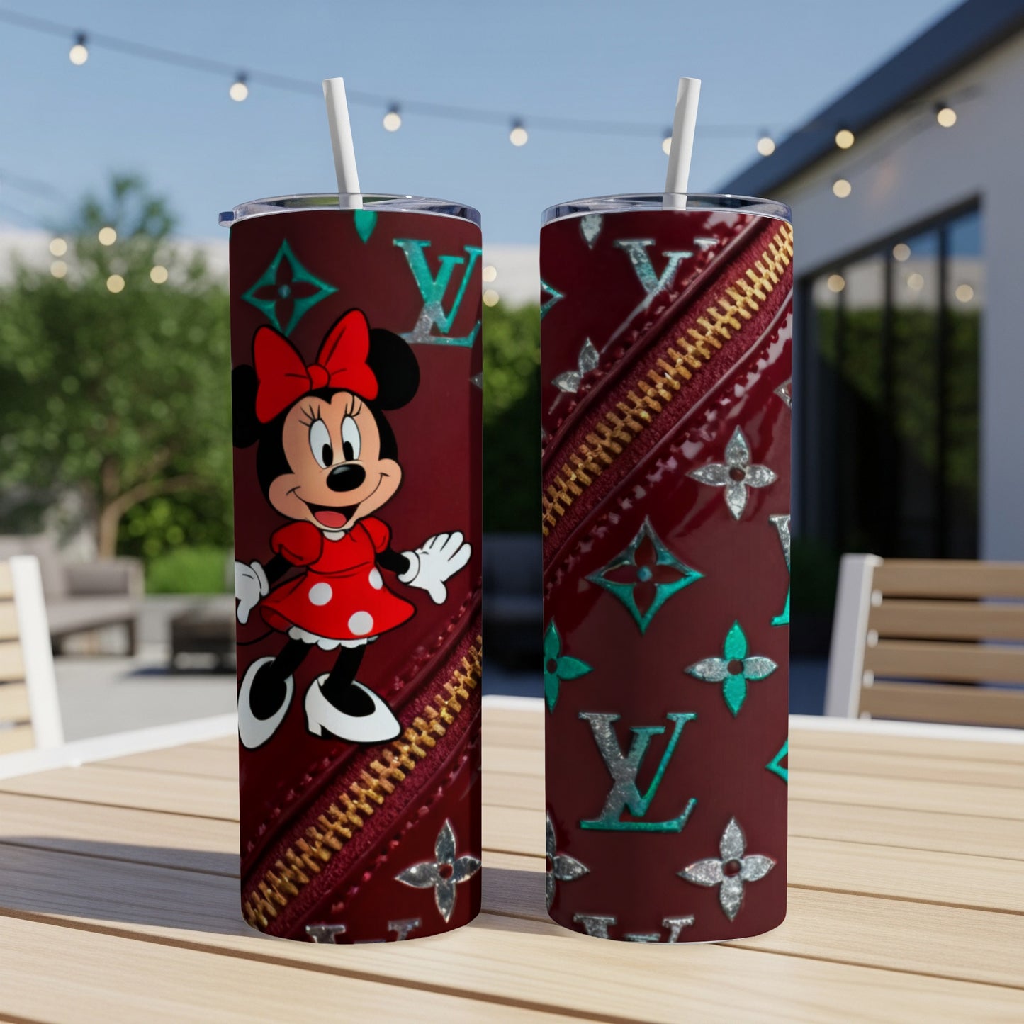 Minnie Mouse on burgundy tumbler with LV pattern and zipper detail.