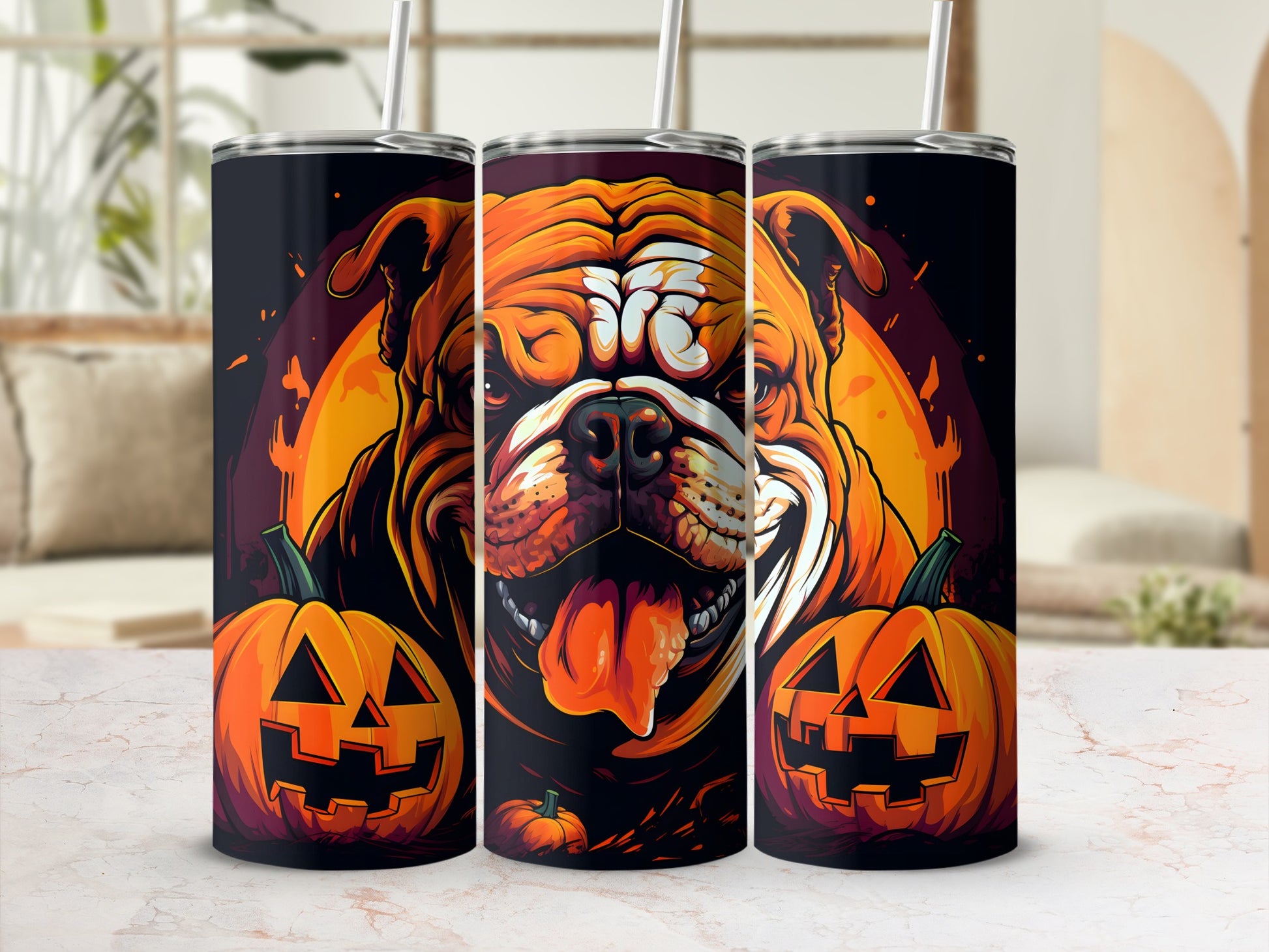 Three tumblers with a Halloween design featuring a bulldog and jack-o'-lanterns.