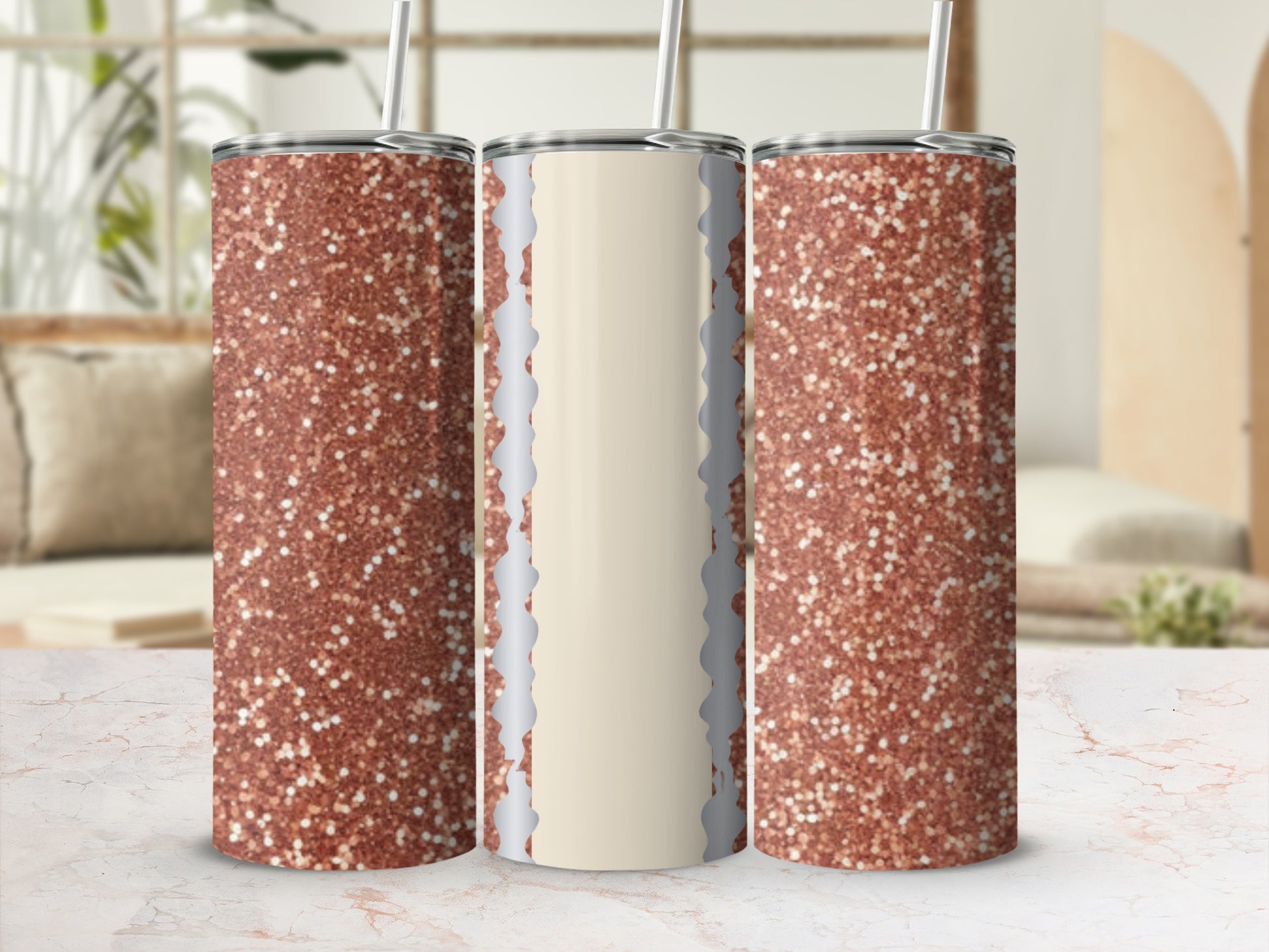 Three glitter tumblers with light gray textured accents and straws.