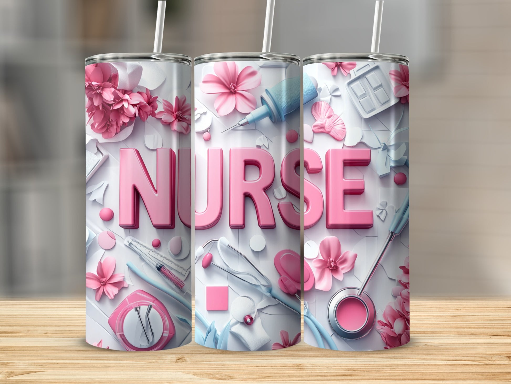 Three nurse tumblers with floral and medical design elements.